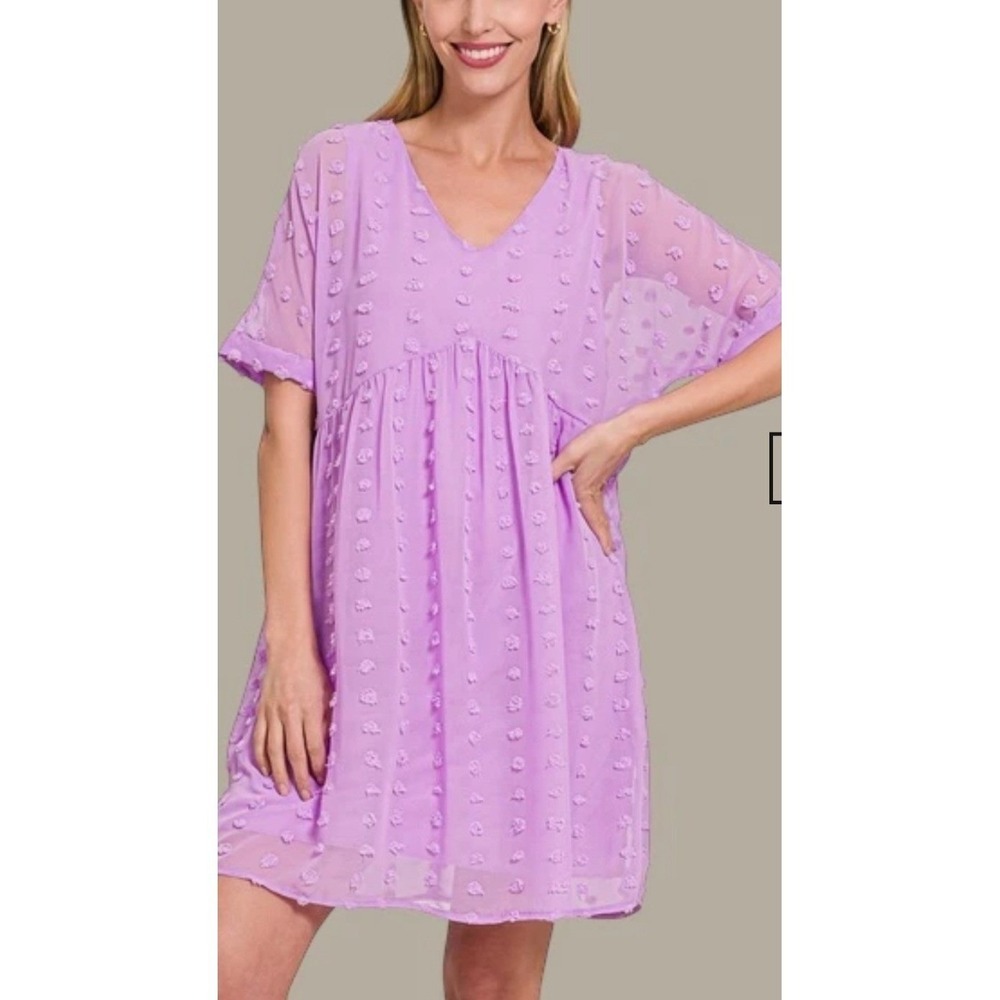 Zenana Lavender Purple Swiss Dot Babydoll Dress V-Neck Mini Size XL NWOT